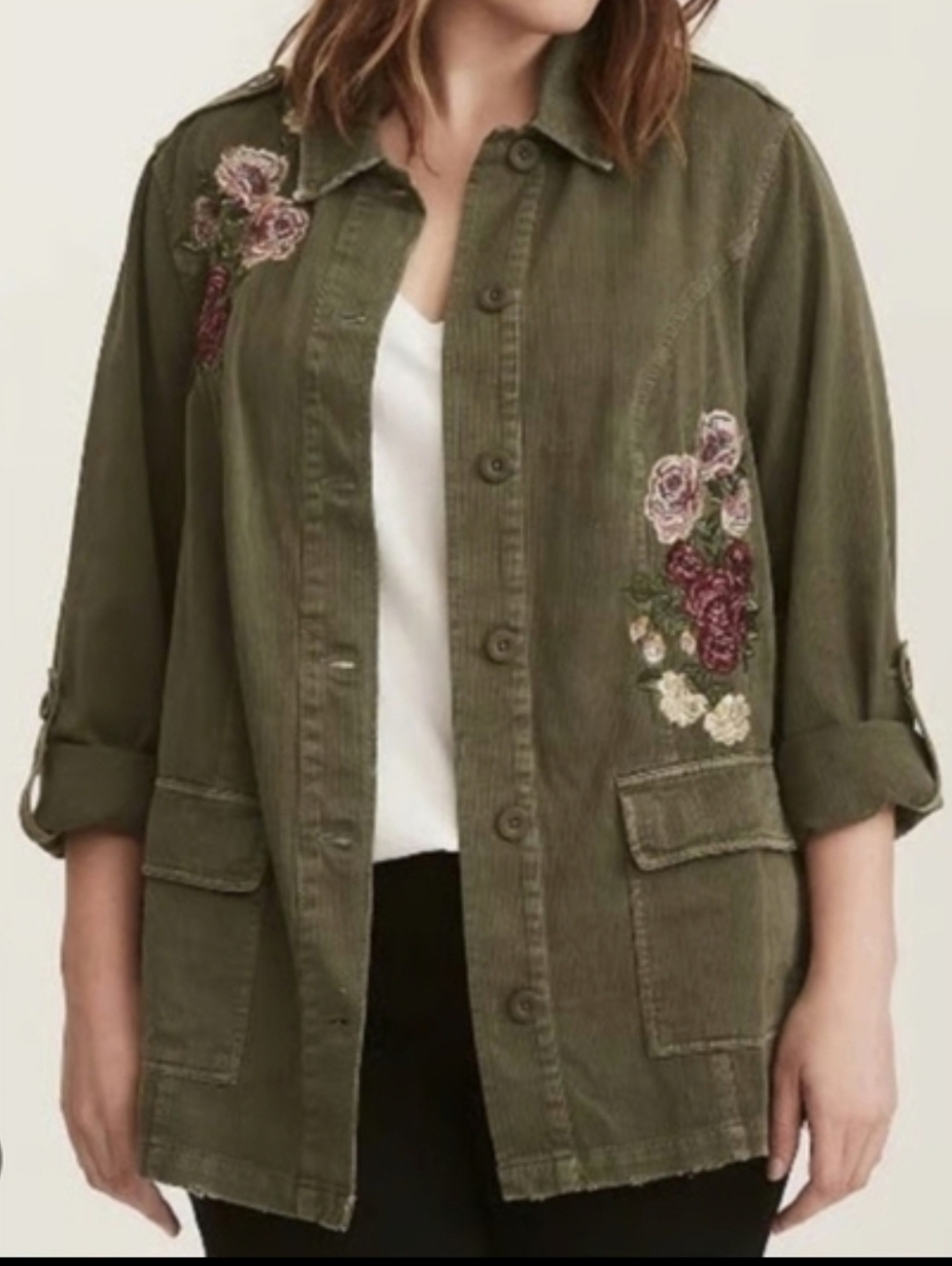 Torrid Olive Utility Jacket with Floral Embroidery...size:1